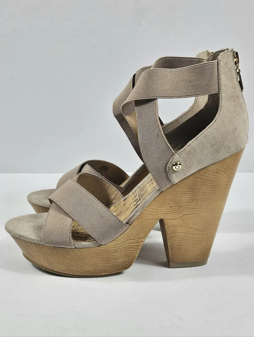 G By Guess Sirrah Beige Taupe Faux Suede Cross Strap Woodgrain Platform Sandal